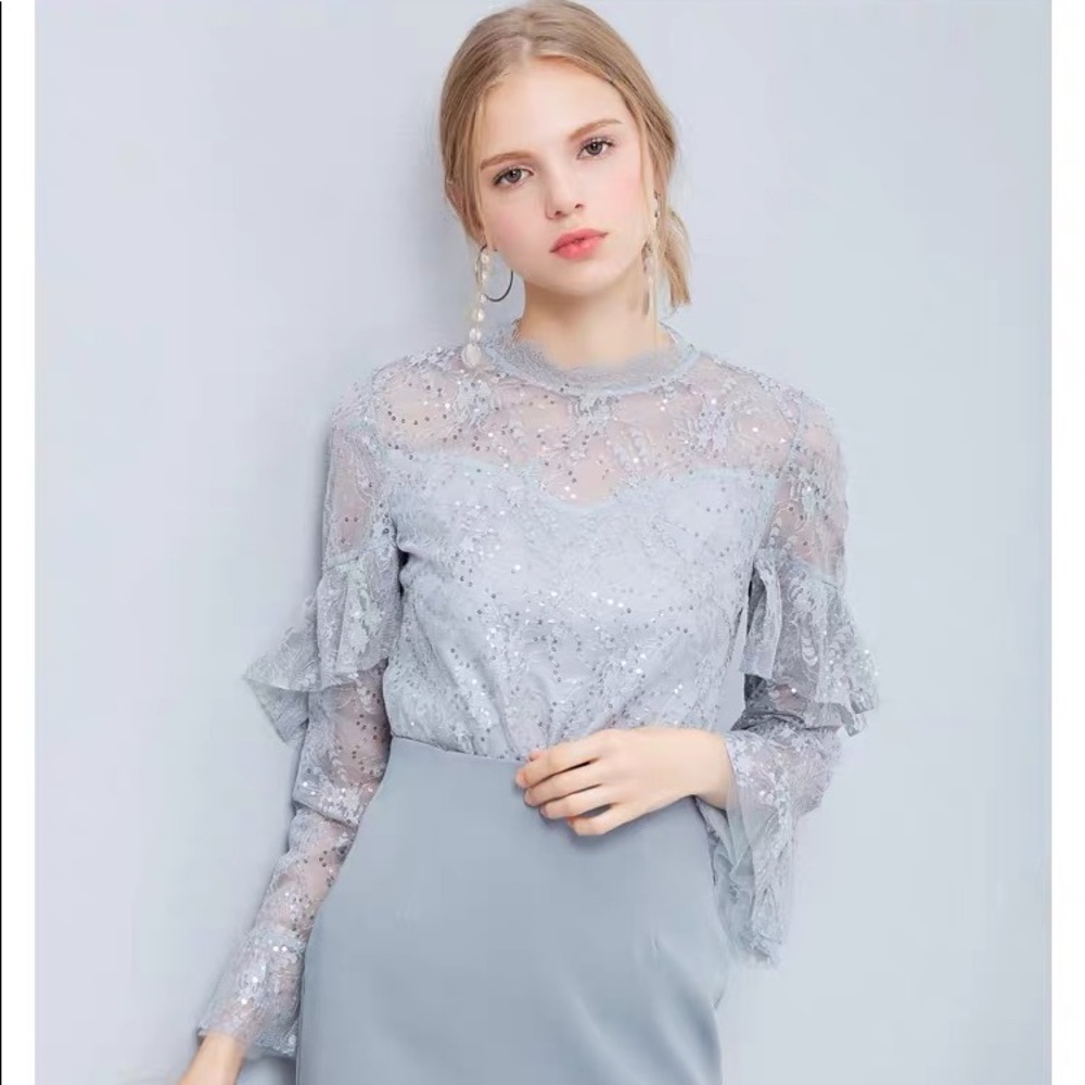 light grey blue lace blouse